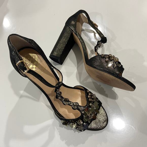Vince Camuto Beaded Block Heels 8.5 Serafine Jeweled Suede T-Strap Heels - Picture 2 of 10